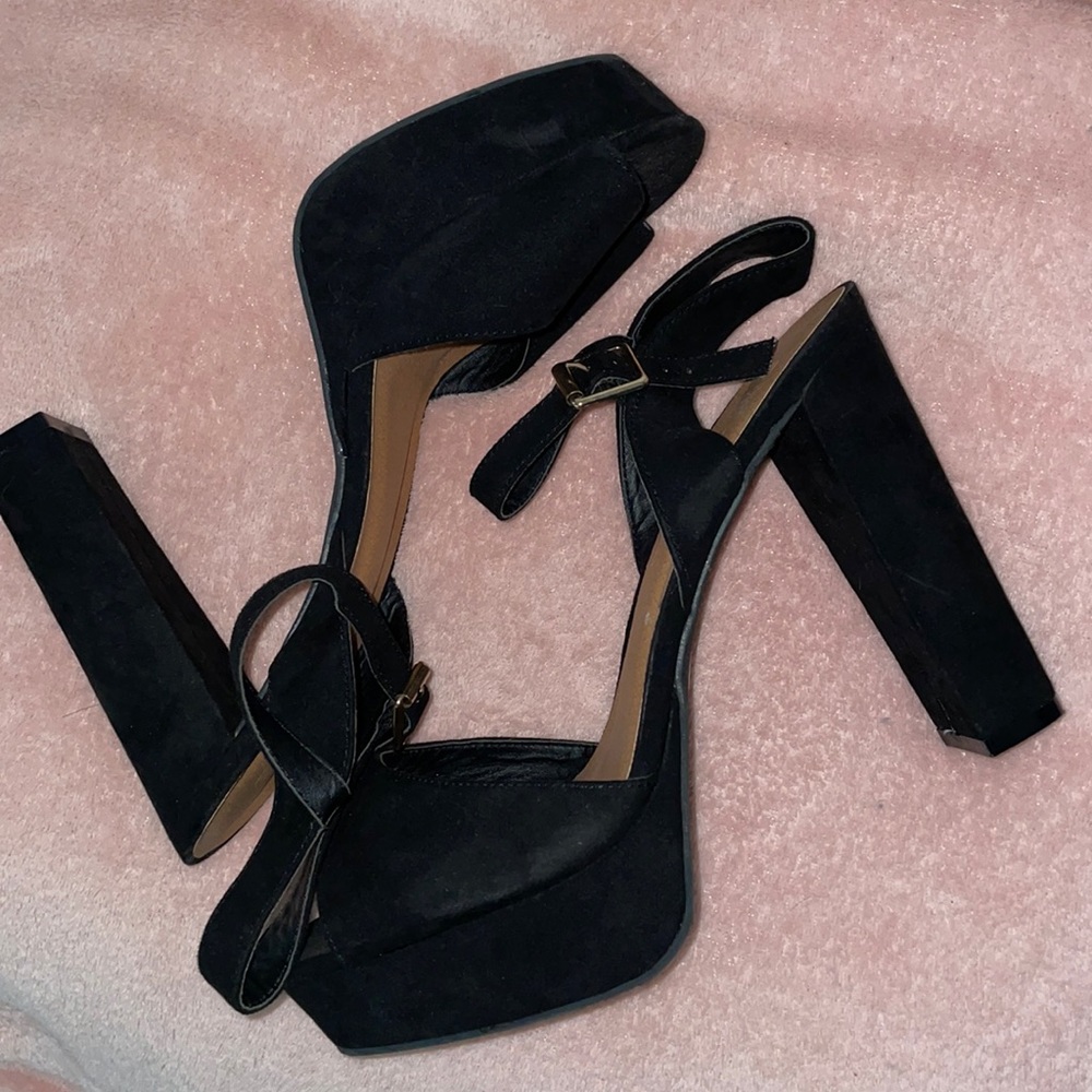 Black suede open heels w/strap